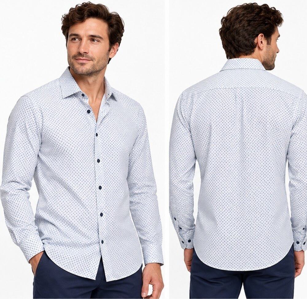 CHRISTIAN LACROIX MEN’S DRESS SHIRT XL 17.5 WHITE BLUE PRINT CONTEMPORARY FIT